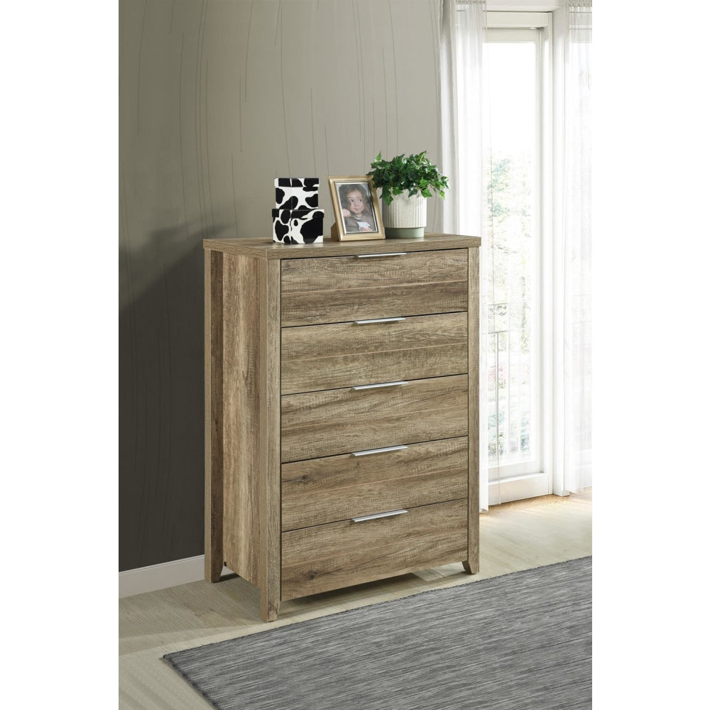 Tallboy with 5 Storage Drawers Natural Wood like MDF in Oak Colour Chest Of Fast shipping On sale