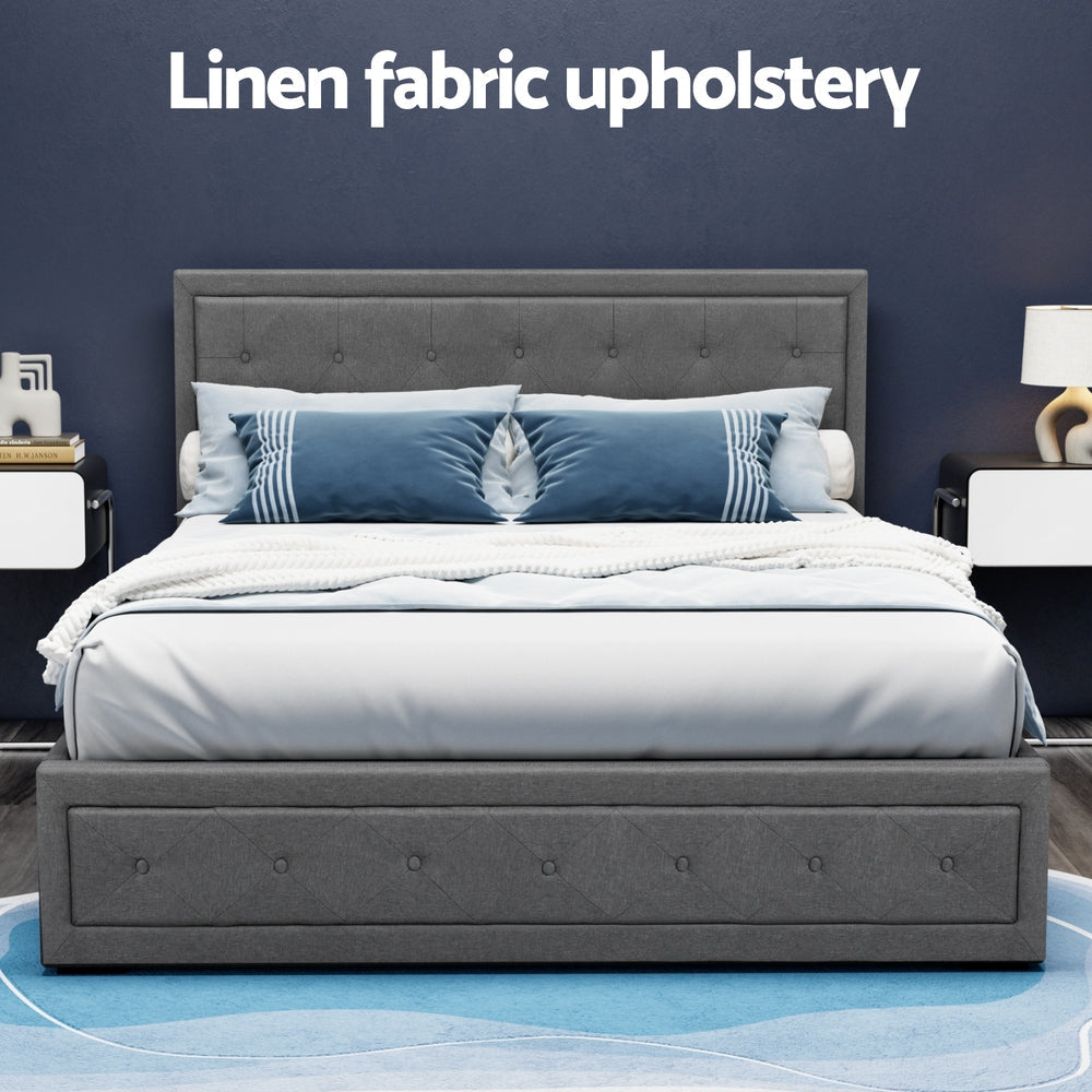 Tiyo Bed Frame Fabric Gas Lift Storage - Grey Queen Fast shipping On sale