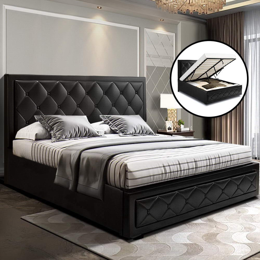 Tiyo Bed Frame PU Leather Gas Lift Storage - Black Queen Fast shipping On sale