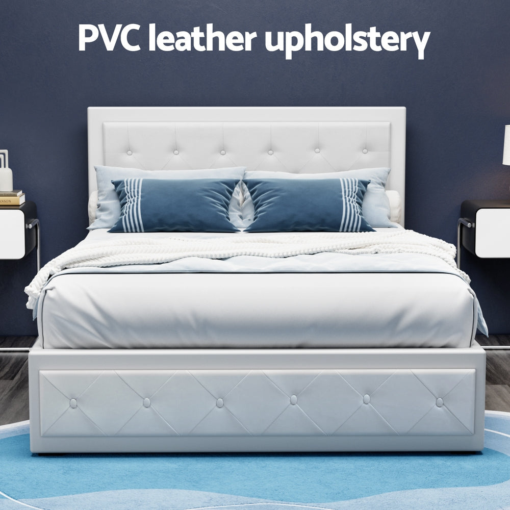 Tiyo Bed Frame PU Leather Gas Lift Storage - White Double Fast shipping On sale