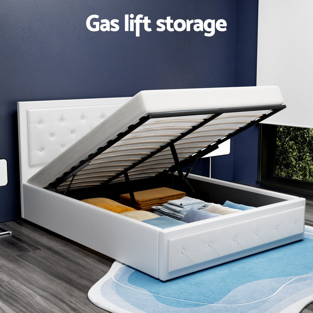 Tiyo Bed Frame PU Leather Gas Lift Storage - White Double Fast shipping On sale