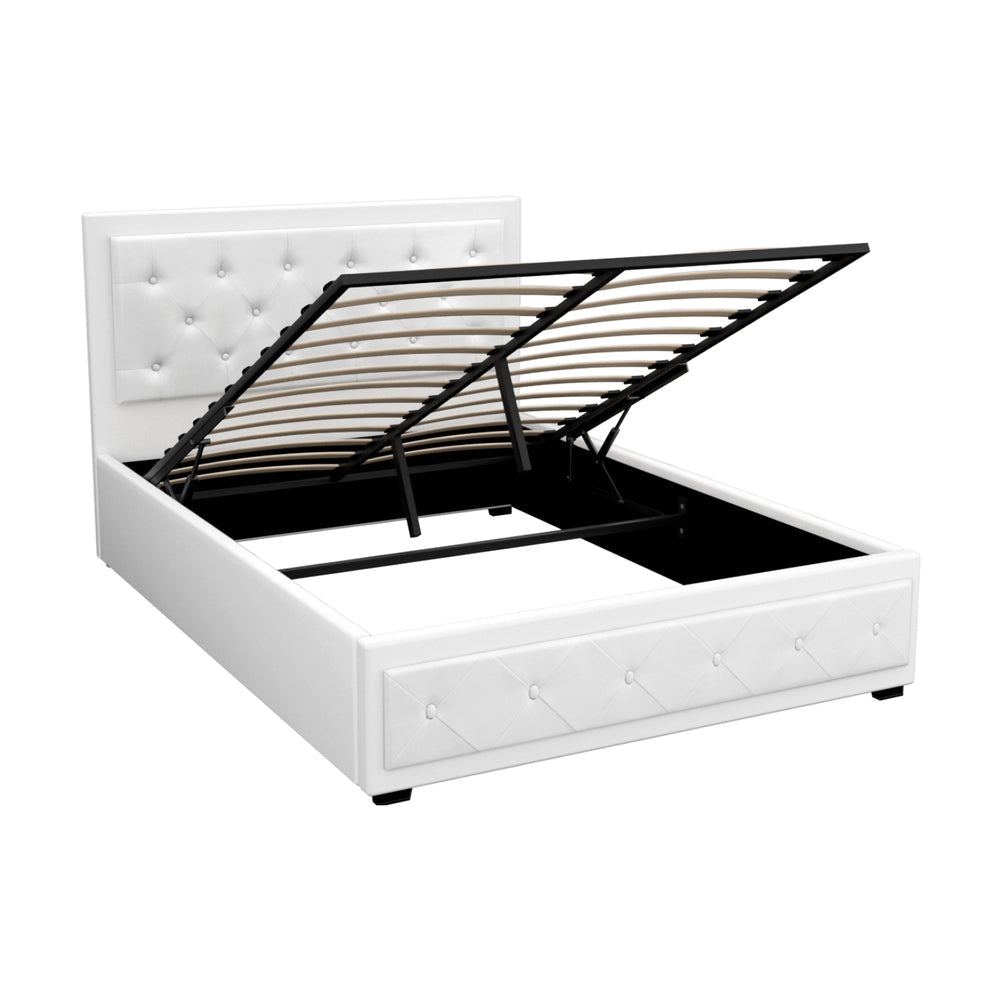 Tiyo Bed Frame PU Leather Gas Lift Storage - White Double Fast shipping On sale