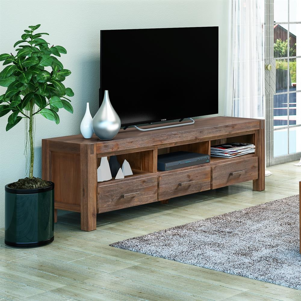 TV Cabinet with 3 Storage Drawers Shelf Solid Acacia Wooden Frame Entertainment Unit in Chocolate Colour Fast shipping On sale