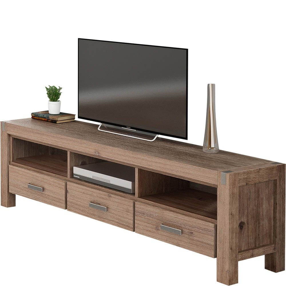 TV Cabinet with 3 Storage Drawers Shelf Solid Acacia Wooden Frame Entertainment Unit in Oak Colour Fast shipping On sale