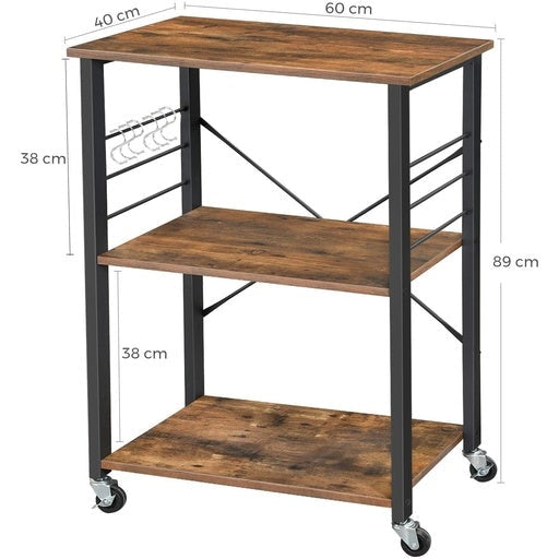 Vasagle 3 Shelves and 6 Hook Kitchen Trolley - Rustic Brown Fast shipping On sale