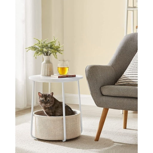 Vasagle Small Round Side End Table with Fabric Basket - White and Beige Fast shipping On sale