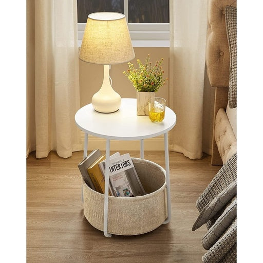 Vasagle Small Round Side End Table with Fabric Basket - White and Beige Fast shipping On sale