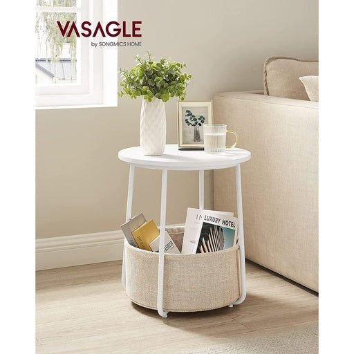 Vasagle Small Round Side End Table with Fabric Basket - White and Beige Fast shipping On sale