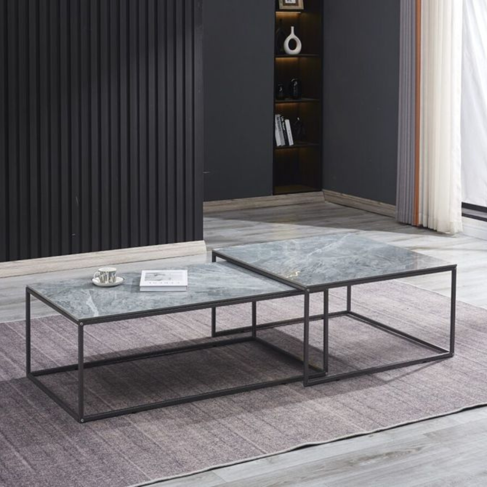 Set Of 2 Modern Nesting Ceramic Marble Look Rectangular & Square Coffee Table Grey Fast shipping On sale