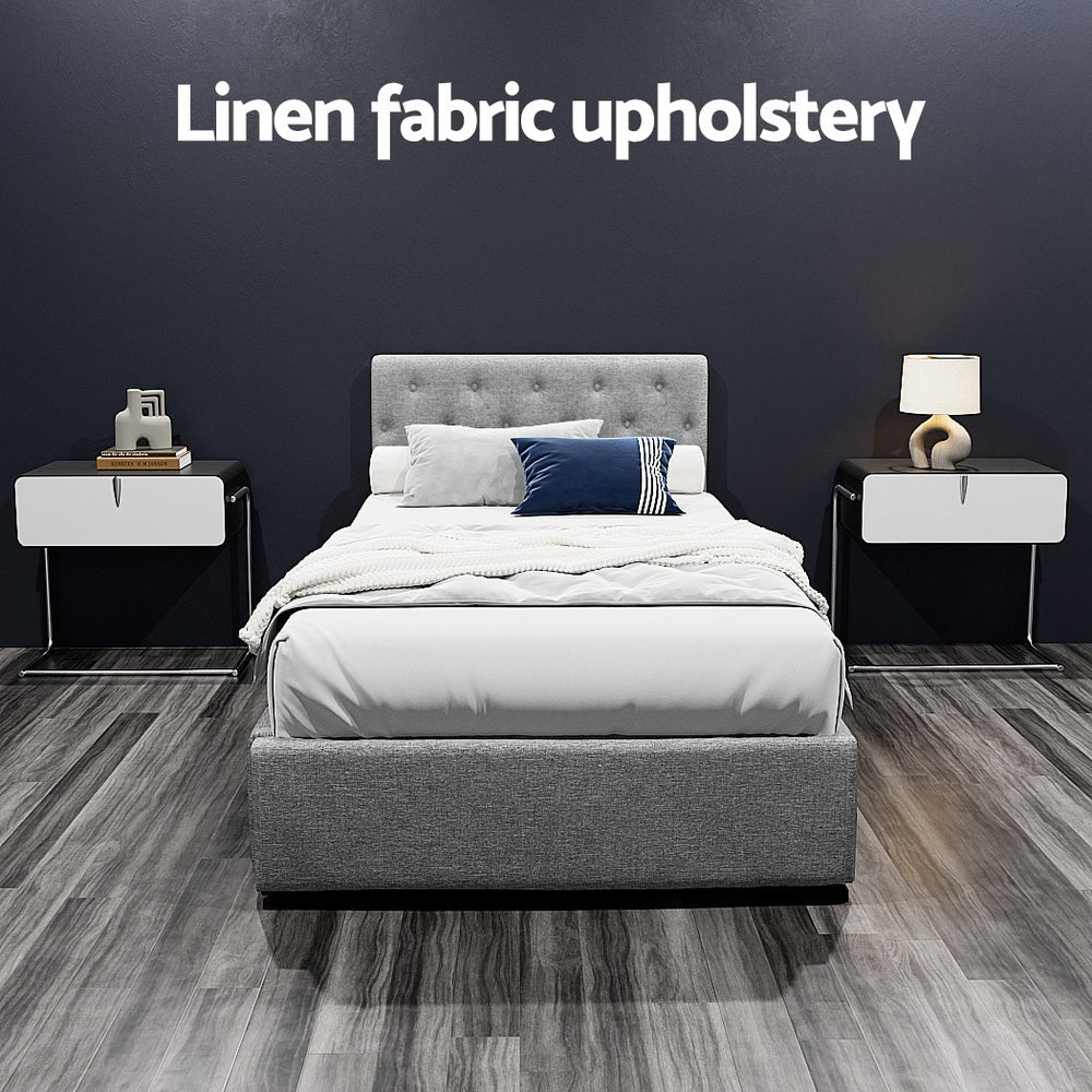 Vila Bed Frame Fabric Gas Lift Storage - Grey King Single Fast shipping On sale