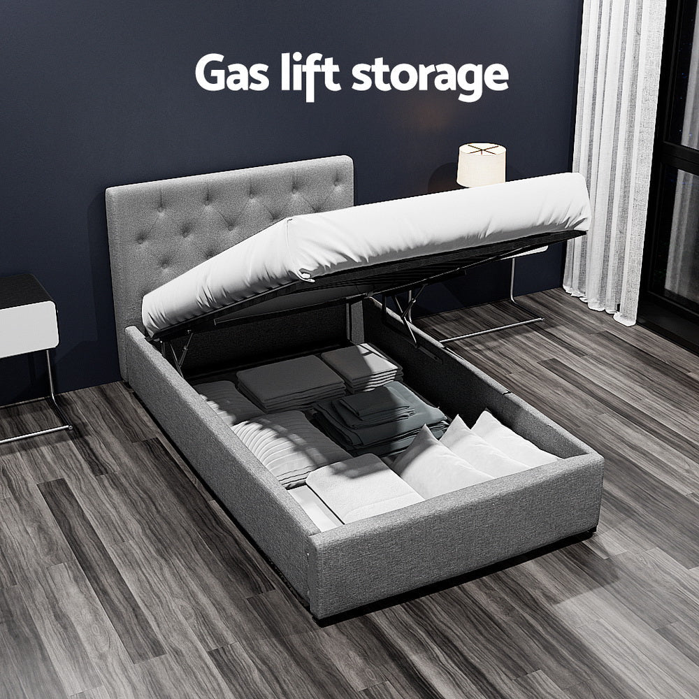 Vila Bed Frame Fabric Gas Lift Storage - Grey King Single Fast shipping On sale