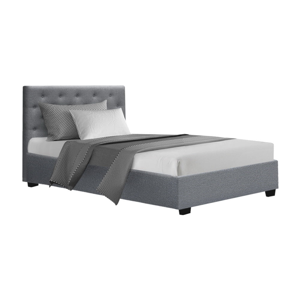 Vila Bed Frame Fabric Gas Lift Storage - Grey King Single Fast shipping On sale