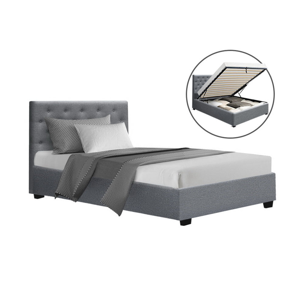 Vila Bed Frame Fabric Gas Lift Storage - Grey King Single Fast shipping On sale