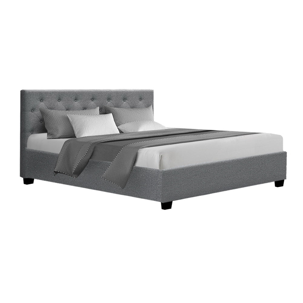 Vila Bed Frame Fabric Gas Lift Storage - Grey Queen Fast shipping On sale