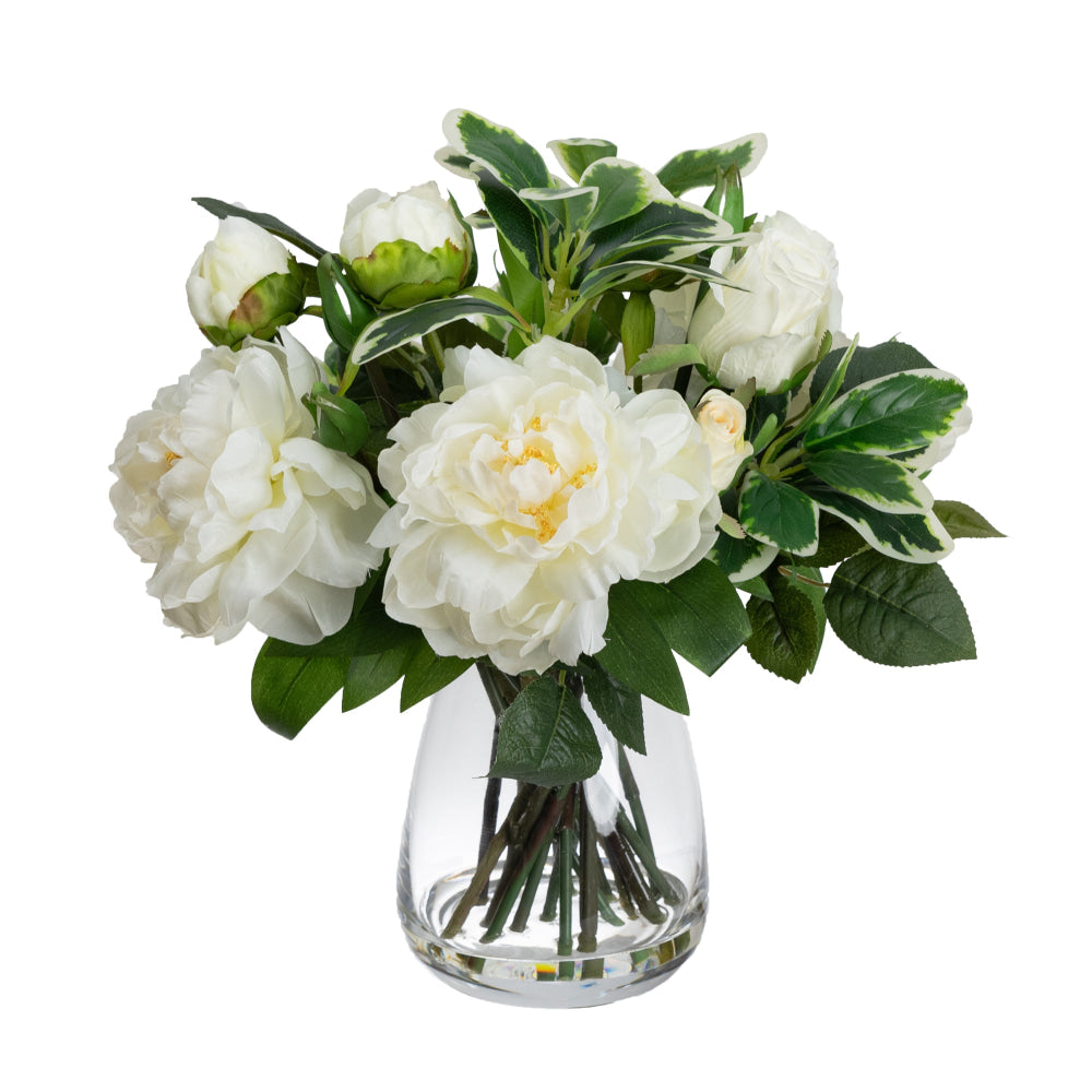 White Peony & Rose Artificial Faux Plant Flower Decorative Mixed Arrangement 36cm In Glass Fast shipping On sale