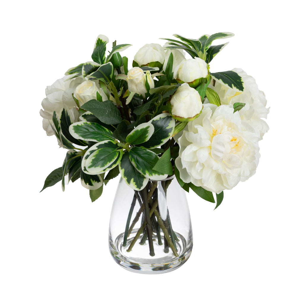 White Peony & Rose Artificial Faux Plant Flower Decorative Mixed Arrangement 36cm In Glass Fast shipping On sale