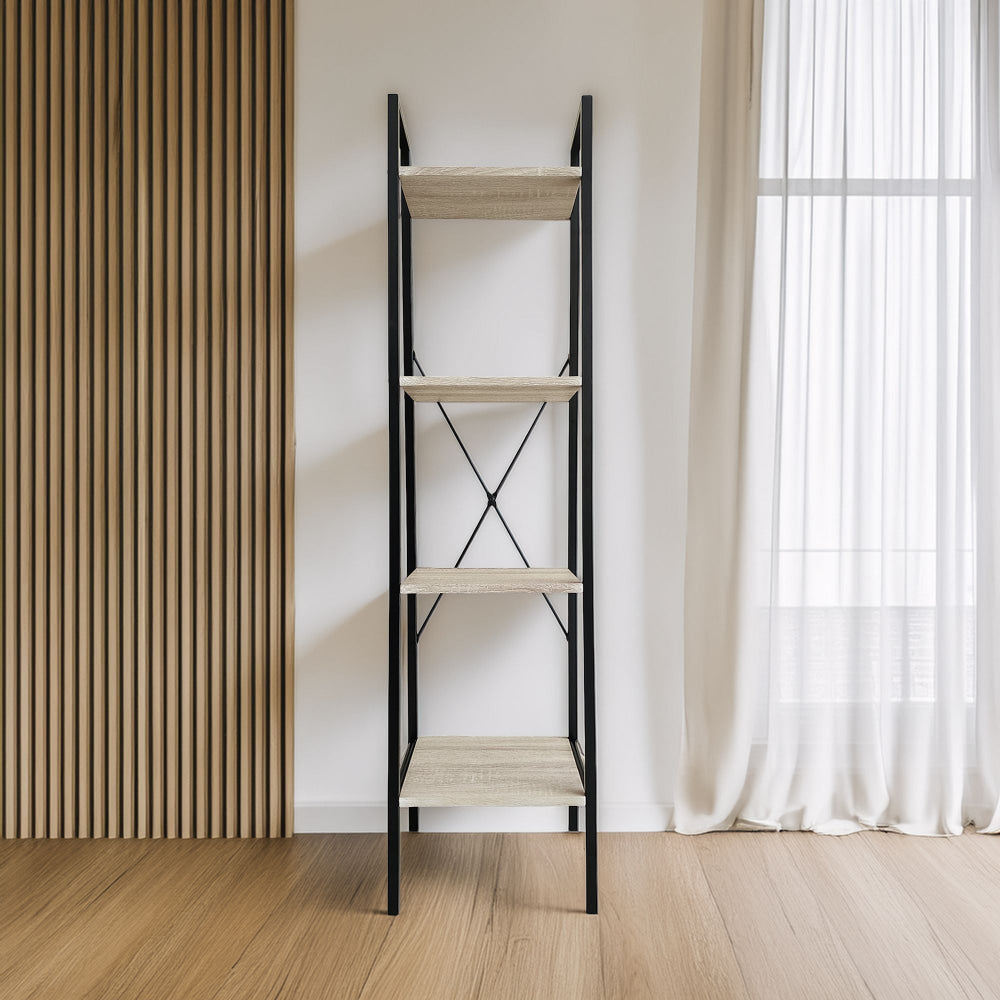 4-Tier Natural Wood and Black Bookshelf - Tall Modern Carbon Steel Storage Rack Bookcase Fast shipping On sale