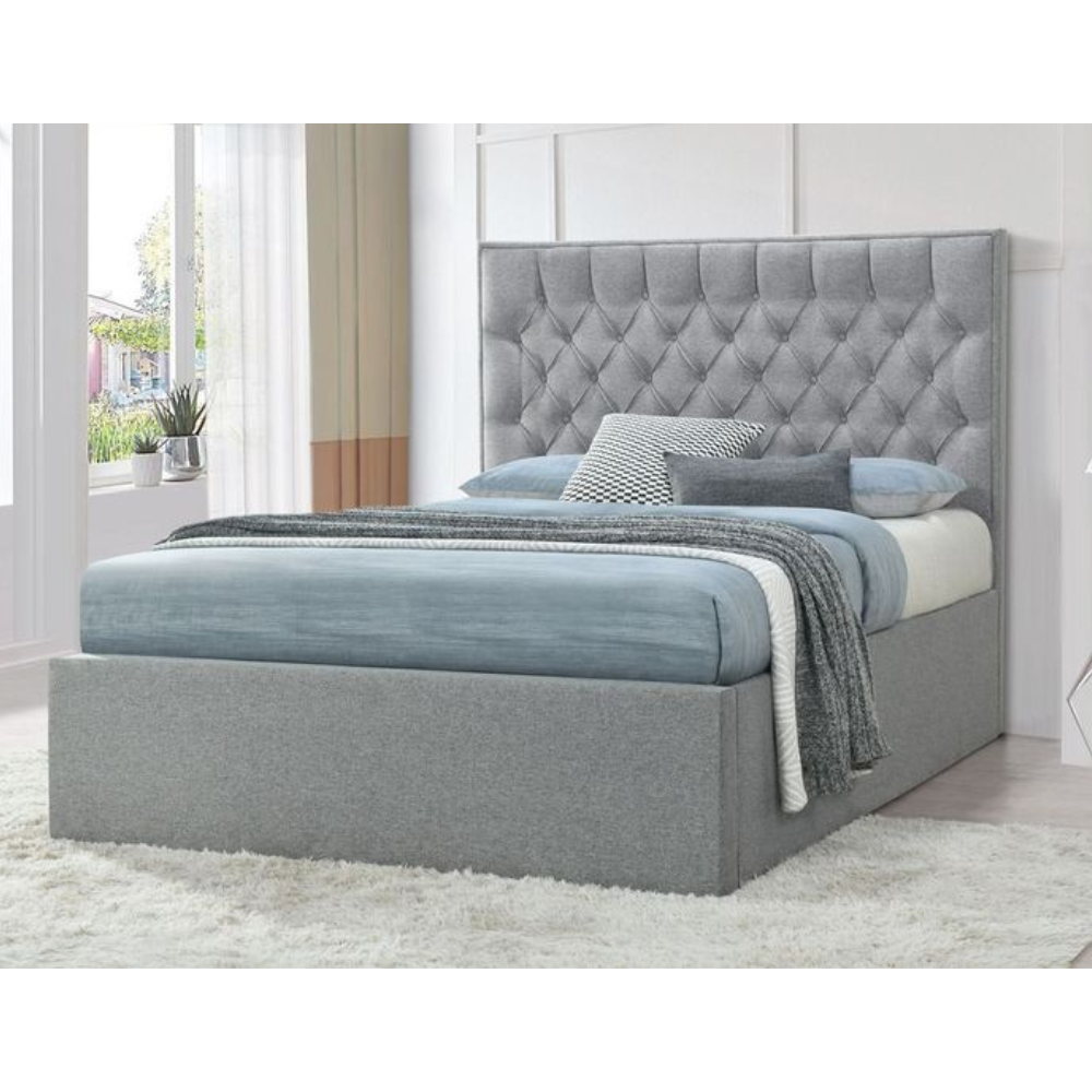 Luxury Button Tufted Fabric Gas Lift Bed Frame Double Size Pebble Fast shipping On sale