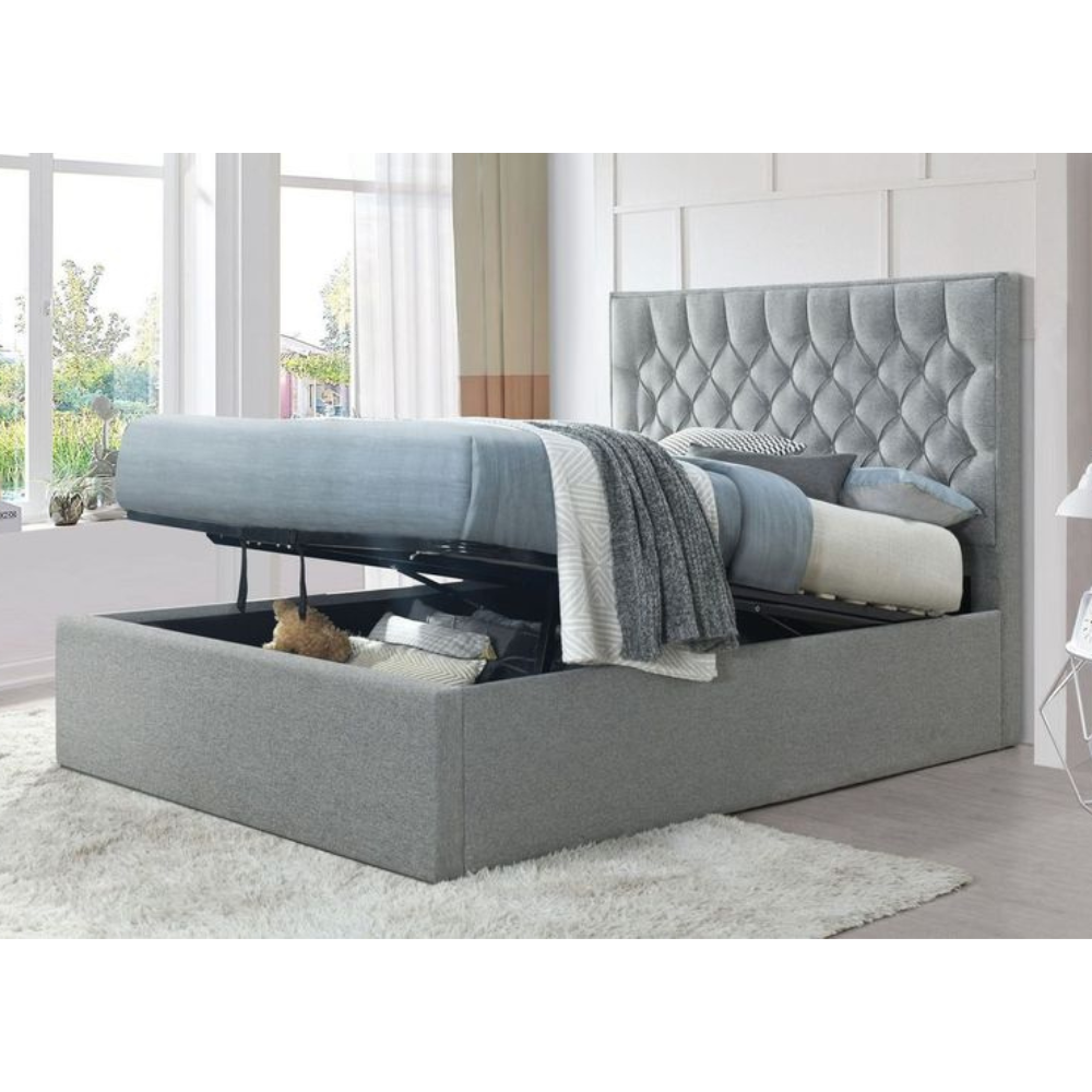 Luxury Button Tufted Fabric Gas Lift Bed Frame Double Size Pebble Fast shipping On sale