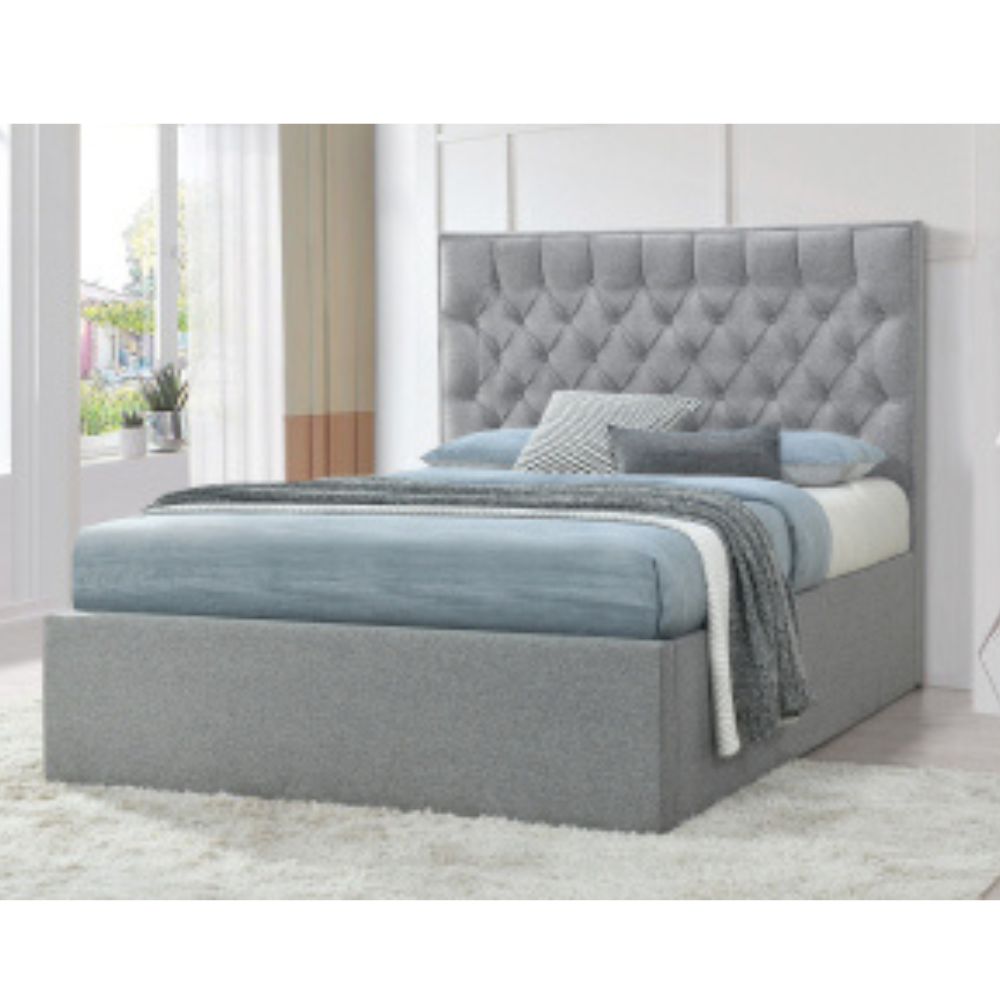 Luxury Button Tufted Fabric Gas Lift Bed Frame Queen Size Pebble Fast shipping On sale