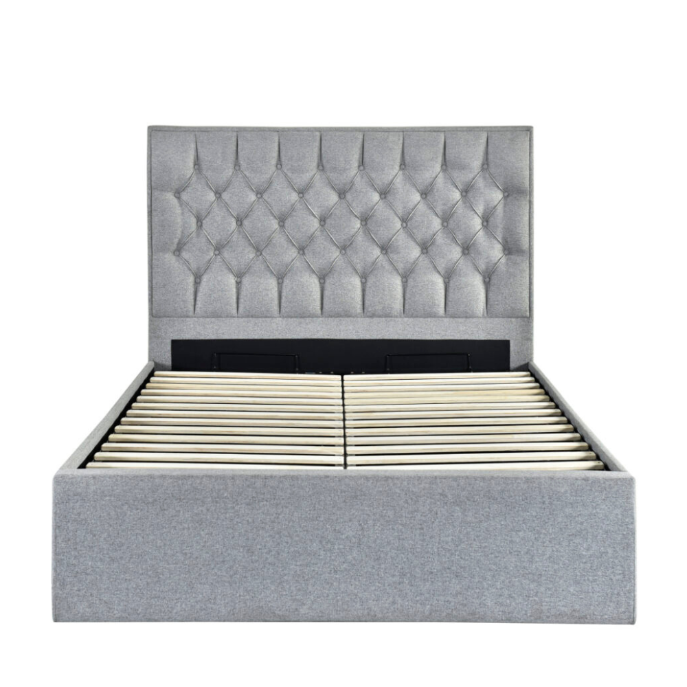 Luxury Button Tufted Fabric Gas Lift Bed Frame Queen Size Pebble Fast shipping On sale