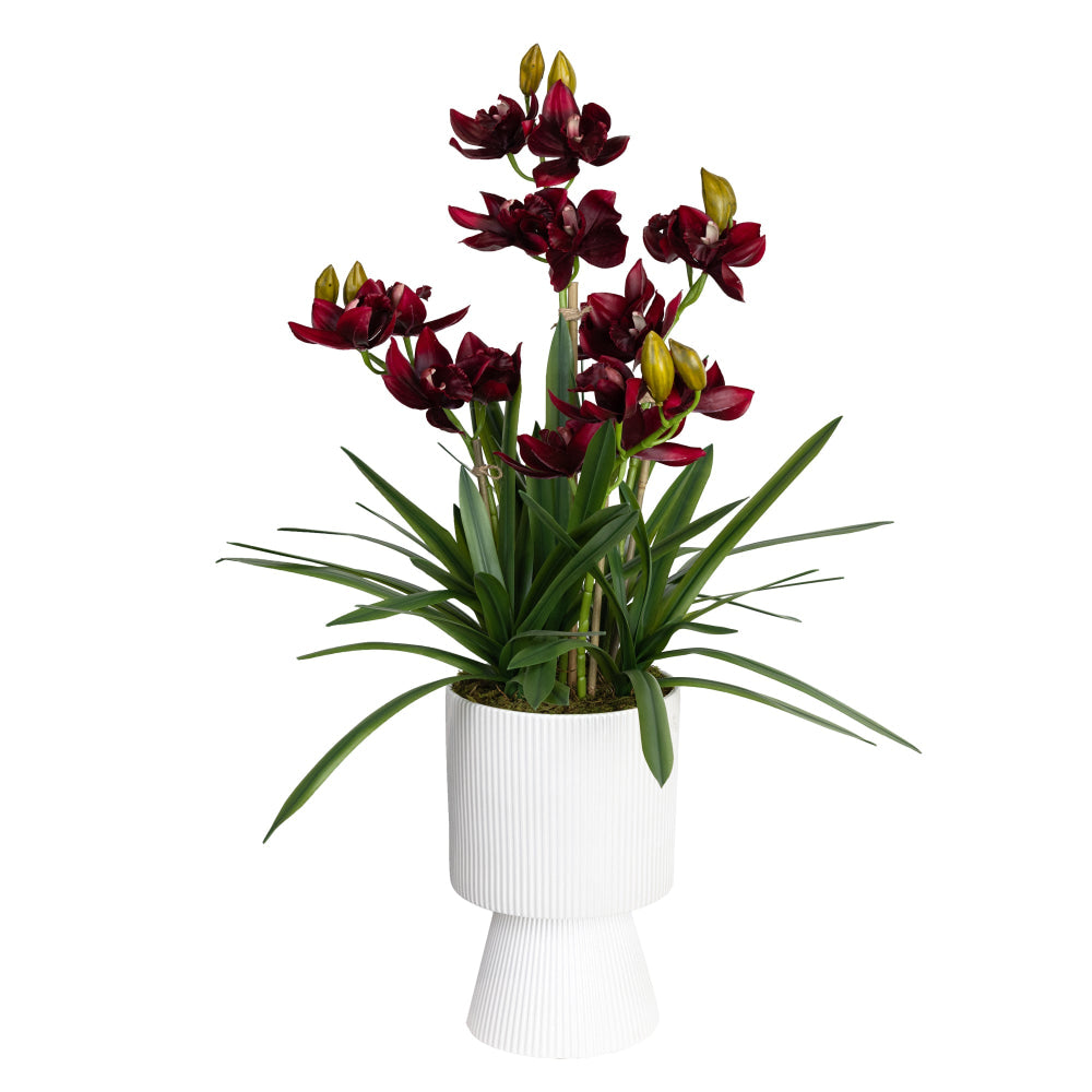 Wine Cymbidium Artificial Plant Flower Arrangement Decorative In Ripple Pot Fast shipping On sale