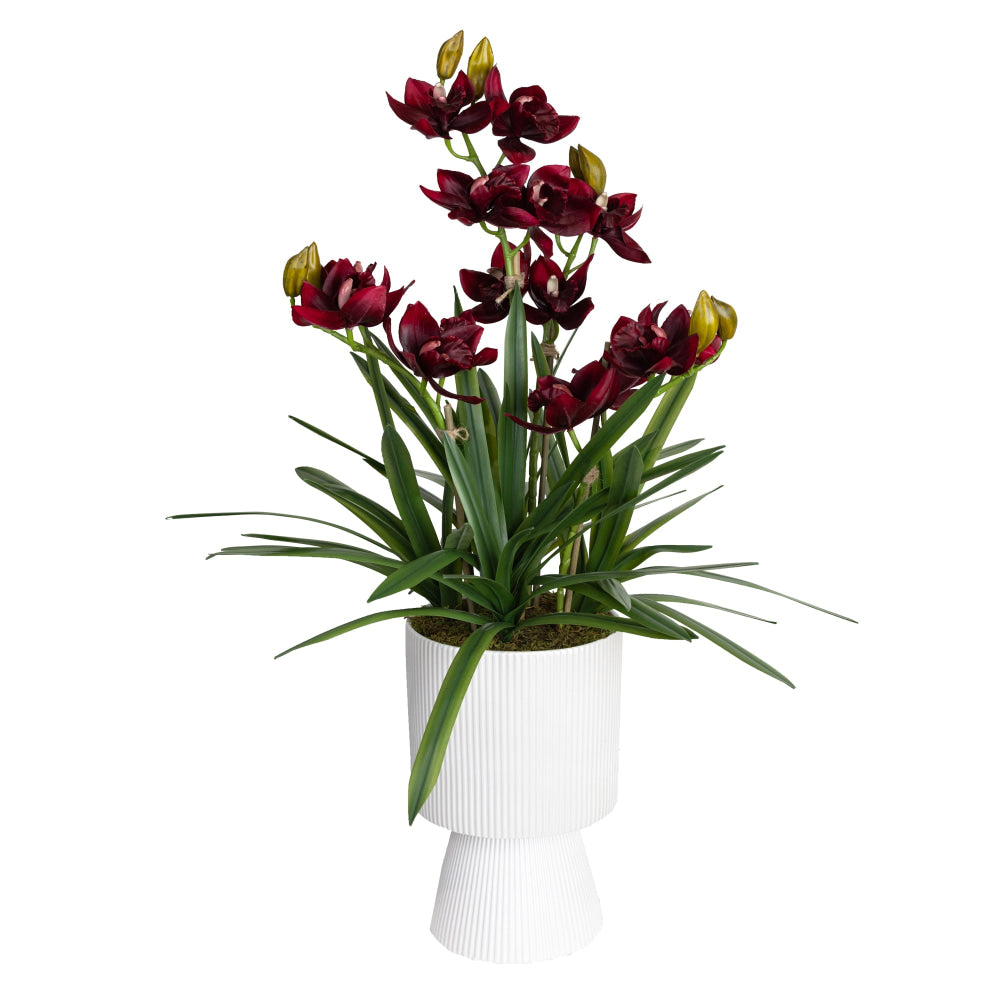 Wine Cymbidium Artificial Plant Flower Arrangement Decorative In Ripple Pot Fast shipping On sale