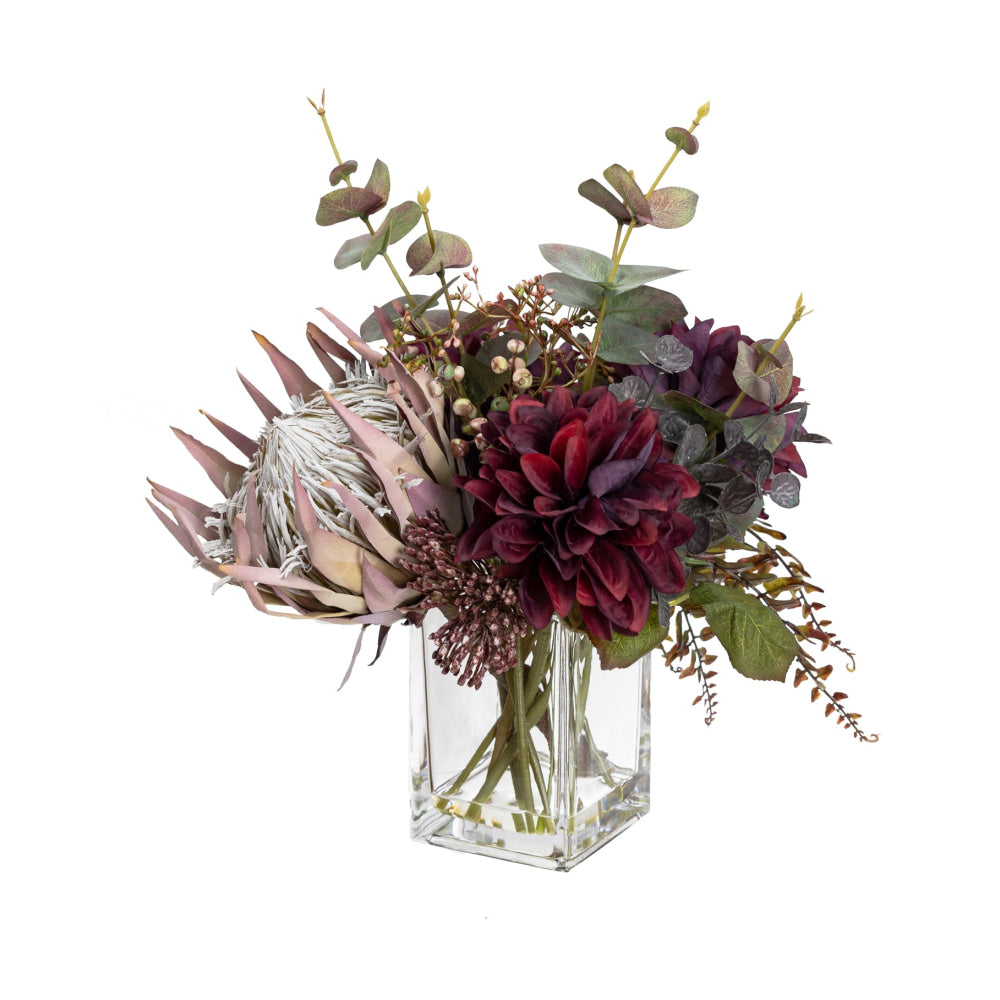 Wine Dahlia & Protea Mixed Artificial Fake Plant Decorative Arrangement 39cm In Glass Fast shipping On sale