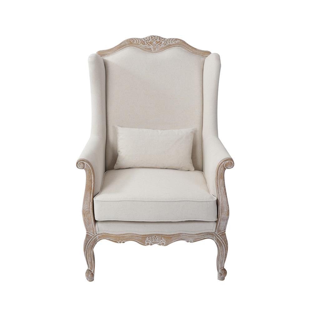 Wing Chair Linen Fabric Oak Wood White Washed Finish Rolled Armrest Lounge Fast shipping On sale