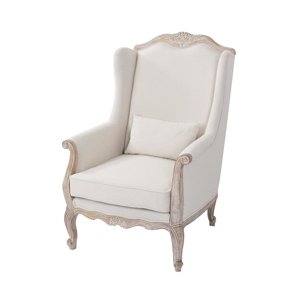 Wing Chair Linen Fabric Oak Wood White Washed Finish Rolled Armrest Lounge Fast shipping On sale