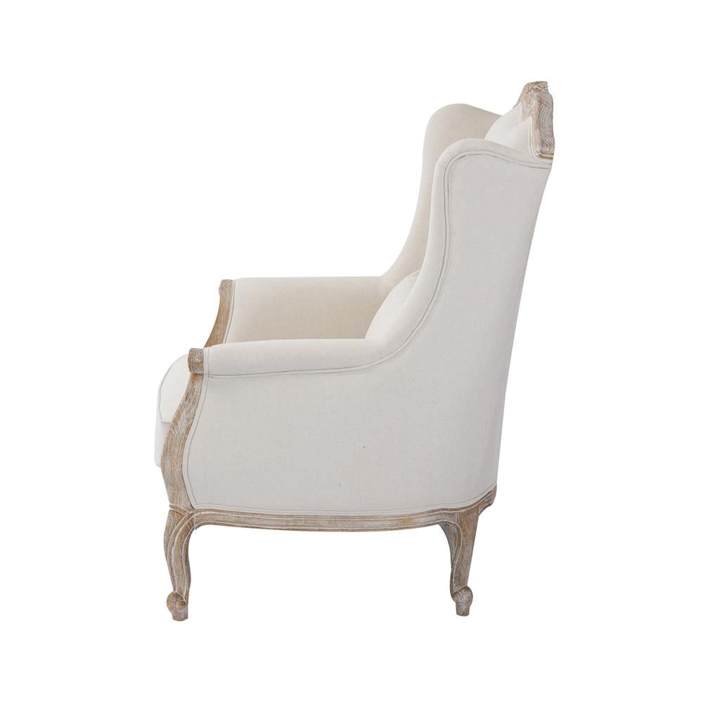 Wing Chair Linen Fabric Oak Wood White Washed Finish Rolled Armrest Lounge Fast shipping On sale