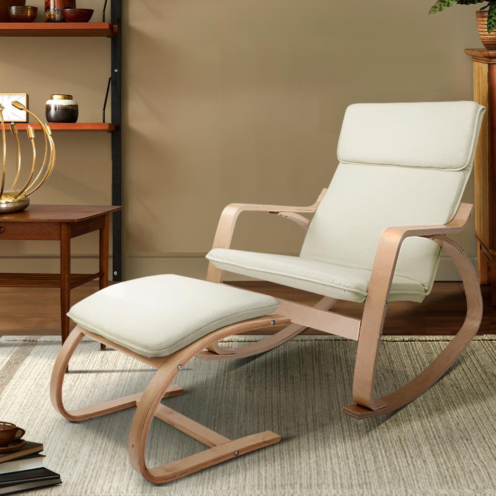 Wooden Armchair with Foot Stool - Beige Fast shipping On sale