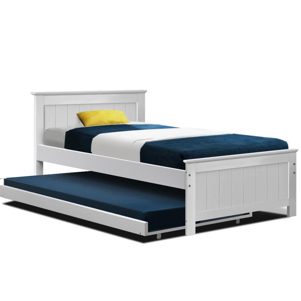 Wooden Trundle Bed Frame Timber Slat King Single Size White Fast shipping On sale