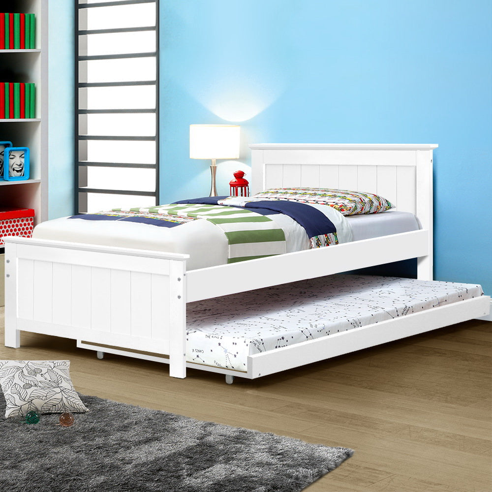 Wooden Trundle Bed Frame Timber Slat King Single Size White Fast shipping On sale
