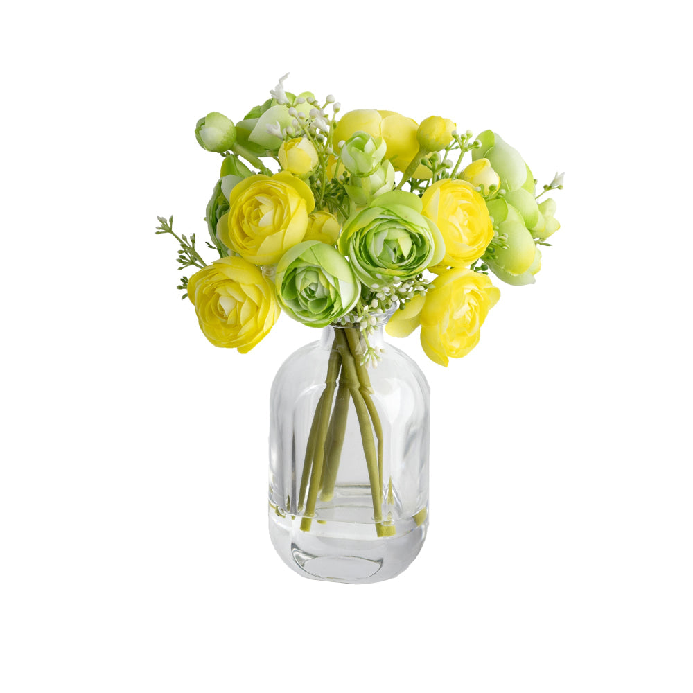 Yellow & Green Rununculus 20cm Mixed Artificial Faux Flower Plant Decorative Arrangement In Bud Vase Fast shipping On sale