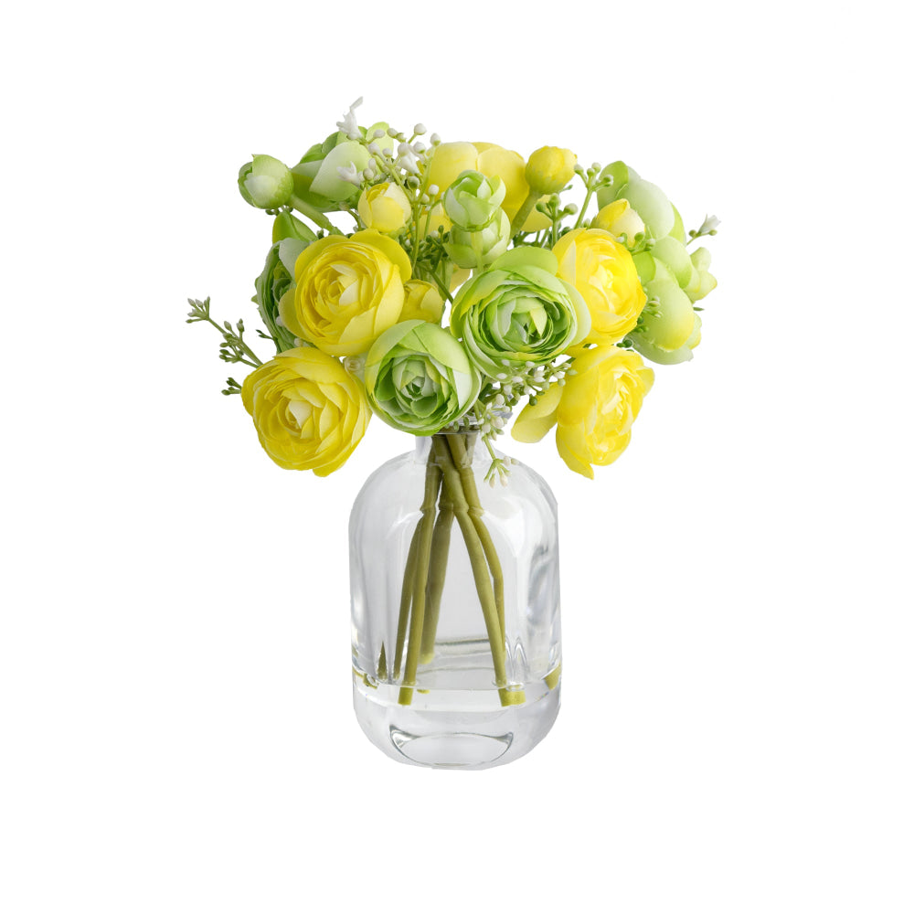 Yellow & Green Rununculus 20cm Mixed Artificial Faux Flower Plant Decorative Arrangement In Bud Vase Fast shipping On sale