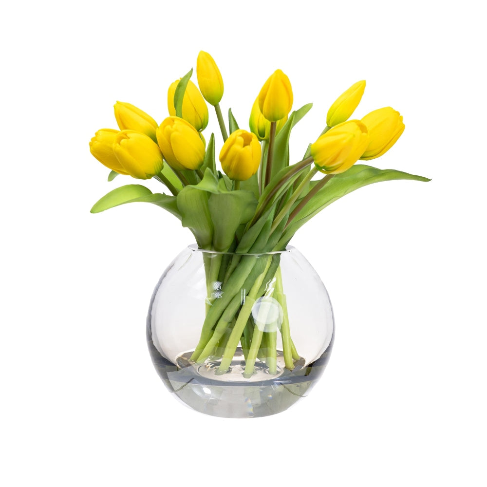 Yellow Tulip Artificial Faux Flower Plant Decorative Arrangement In Fishbowl Fast shipping On sale