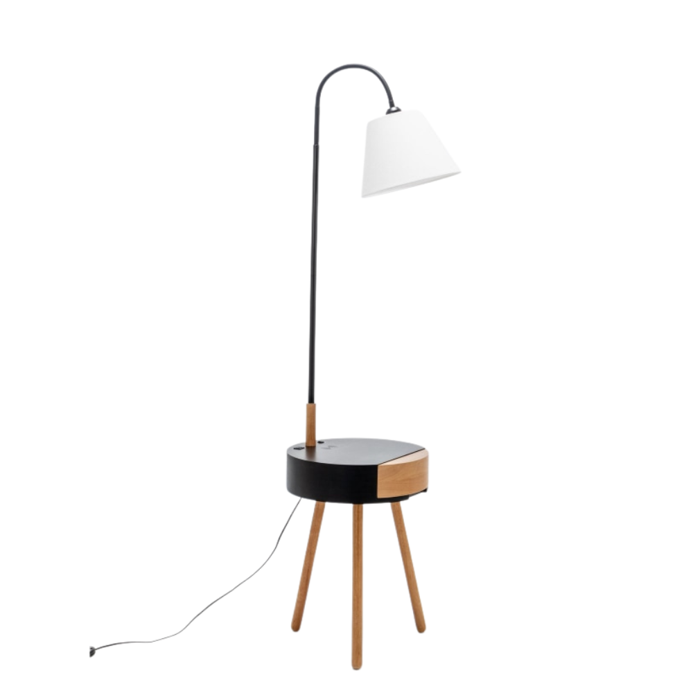 Zoltan Rubberwood Floor Lamp On Side Table Linen Shade W/ USB Port Charging - Off White/Black Fast shipping sale