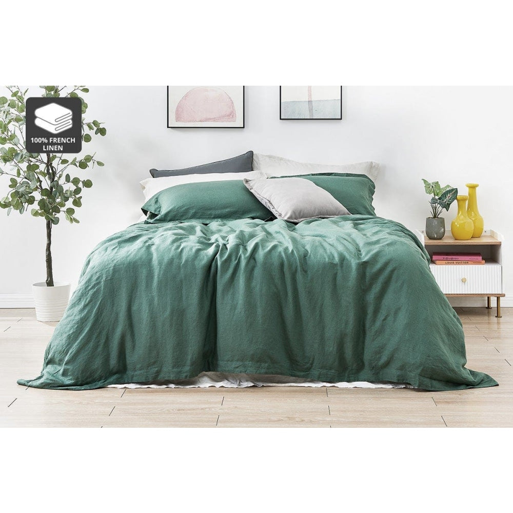 100% French Linen Quilt Cover Set - Duck Green Double Fast shipping On sale