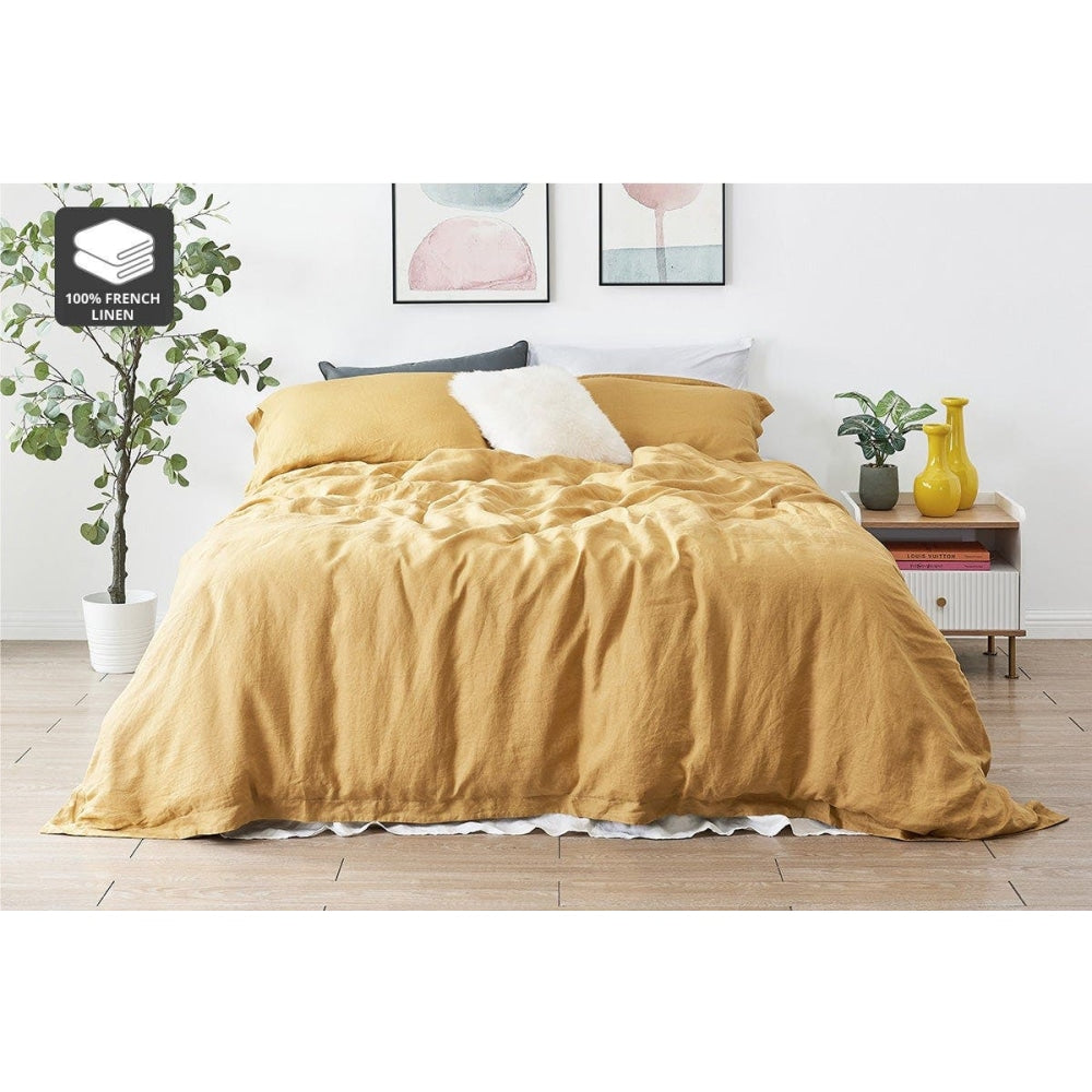 100% French Linen Quilt Cover Set - Turmeric Double Fast shipping On sale