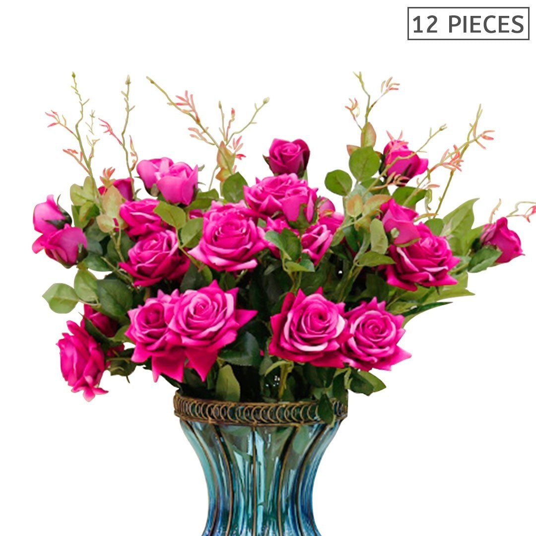12pcs Artificial Silk Flower Fake Rose Bouquet Table Decor Dark Pink Plant Fast shipping On sale