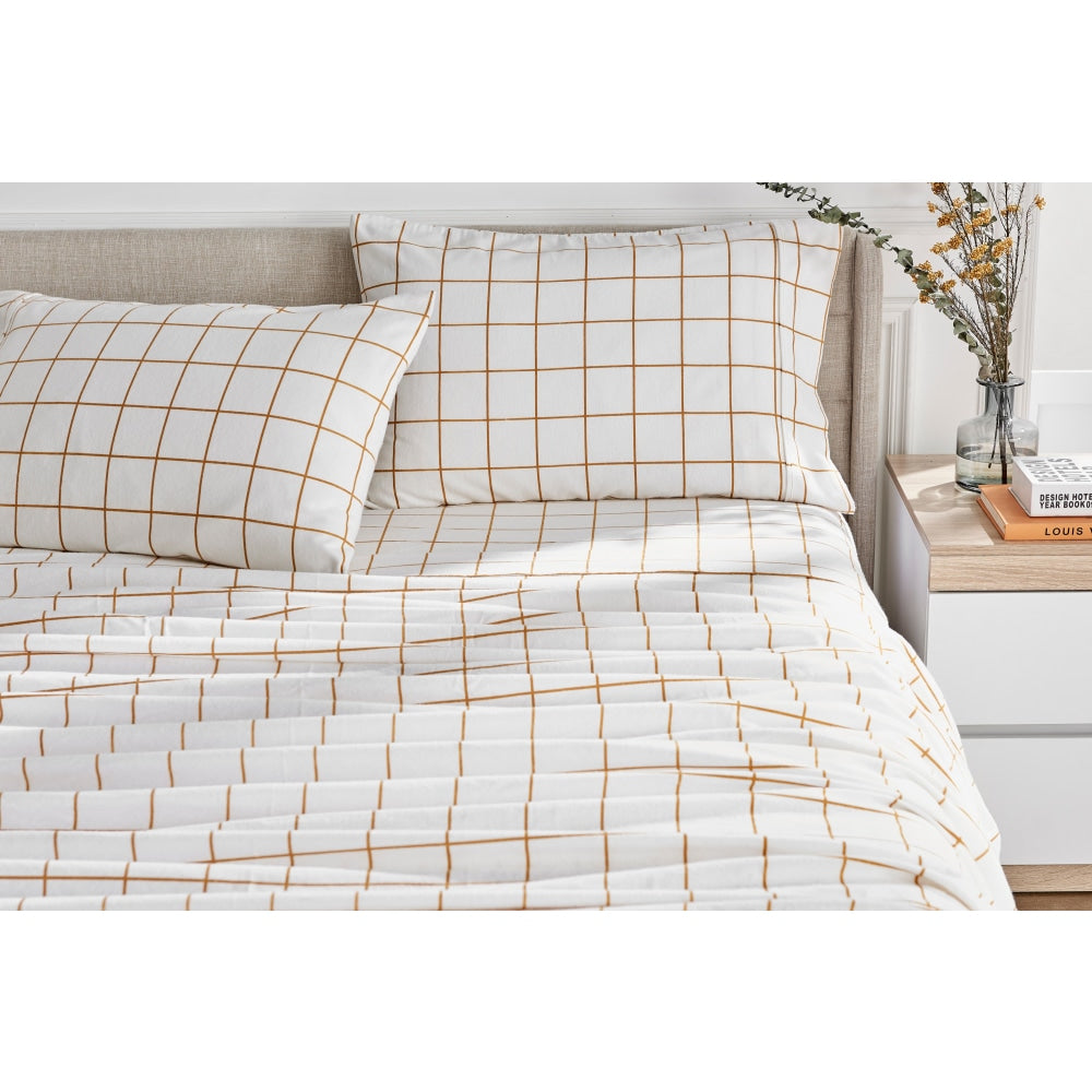 150GSM Check Print Flannelette Bed Sheet Set - Butter Double Fast shipping On sale