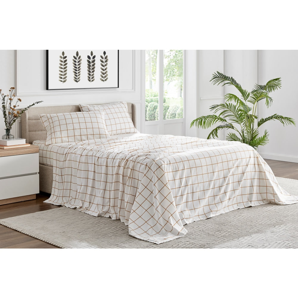 150GSM Check Print Flannelette Bed Sheet Set - Butter Double Fast shipping On sale