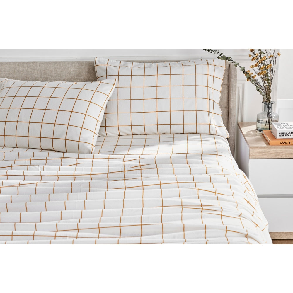 150GSM Check Print Flannelette Bed Sheet Set - Butter Single Fast shipping On sale
