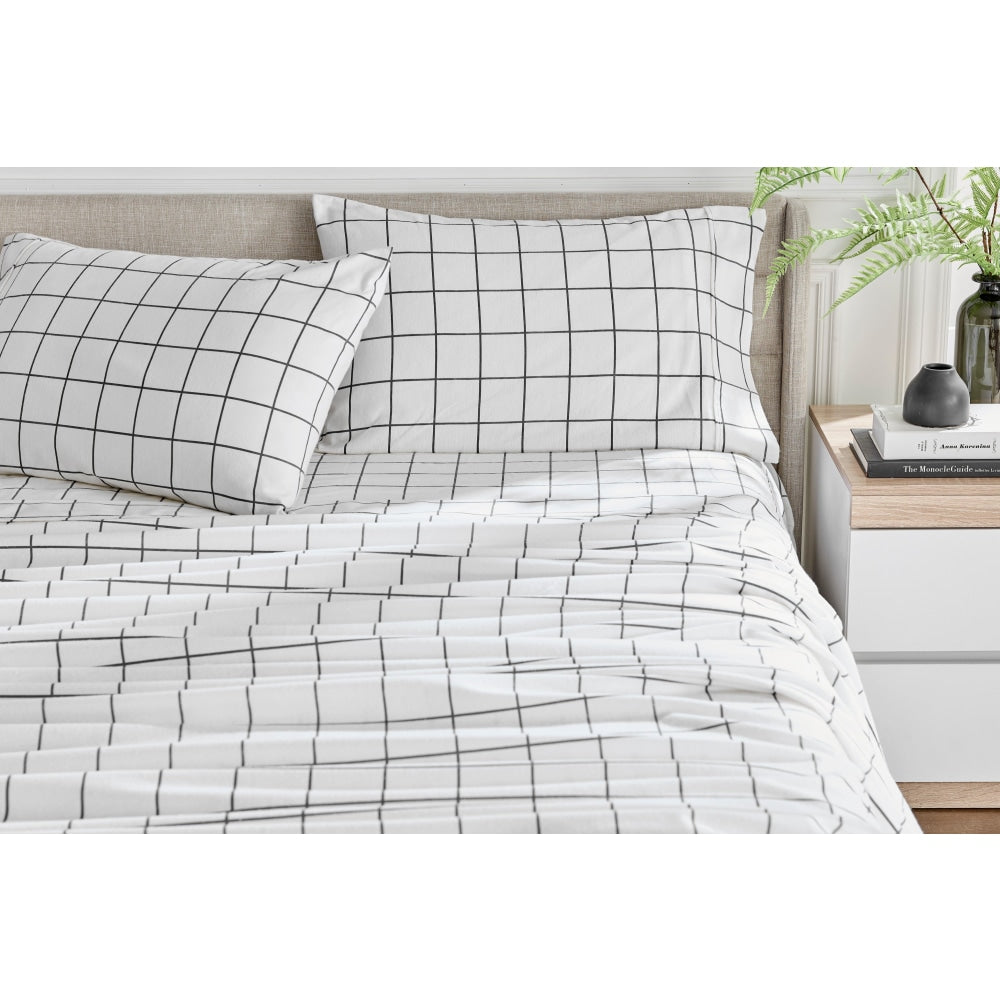 150GSM Check Print Flannelette Bed Sheet Set - Grey King Fast shipping On sale