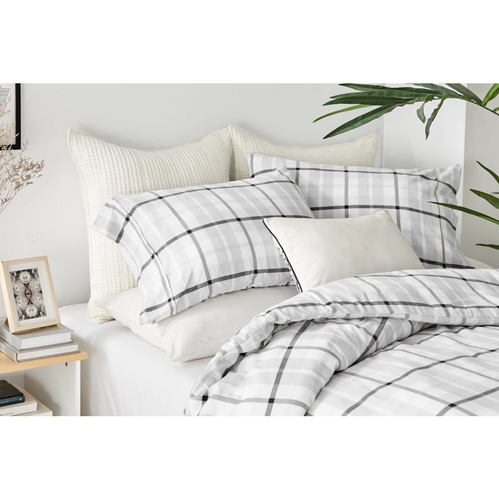 150GSM Check Print Flannelette Quilt Cover Set - Grey King Fast shipping On sale