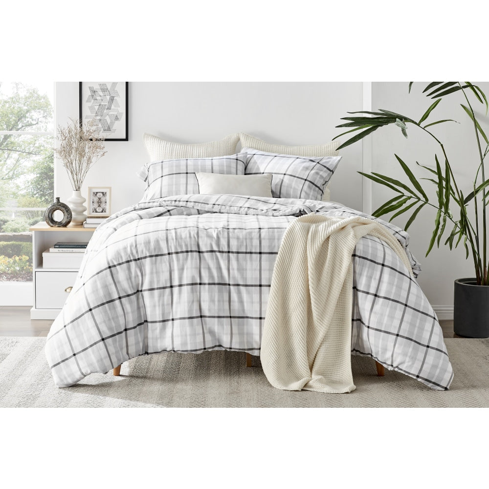 150GSM Check Print Flannelette Quilt Cover Set - Grey King Fast shipping On sale