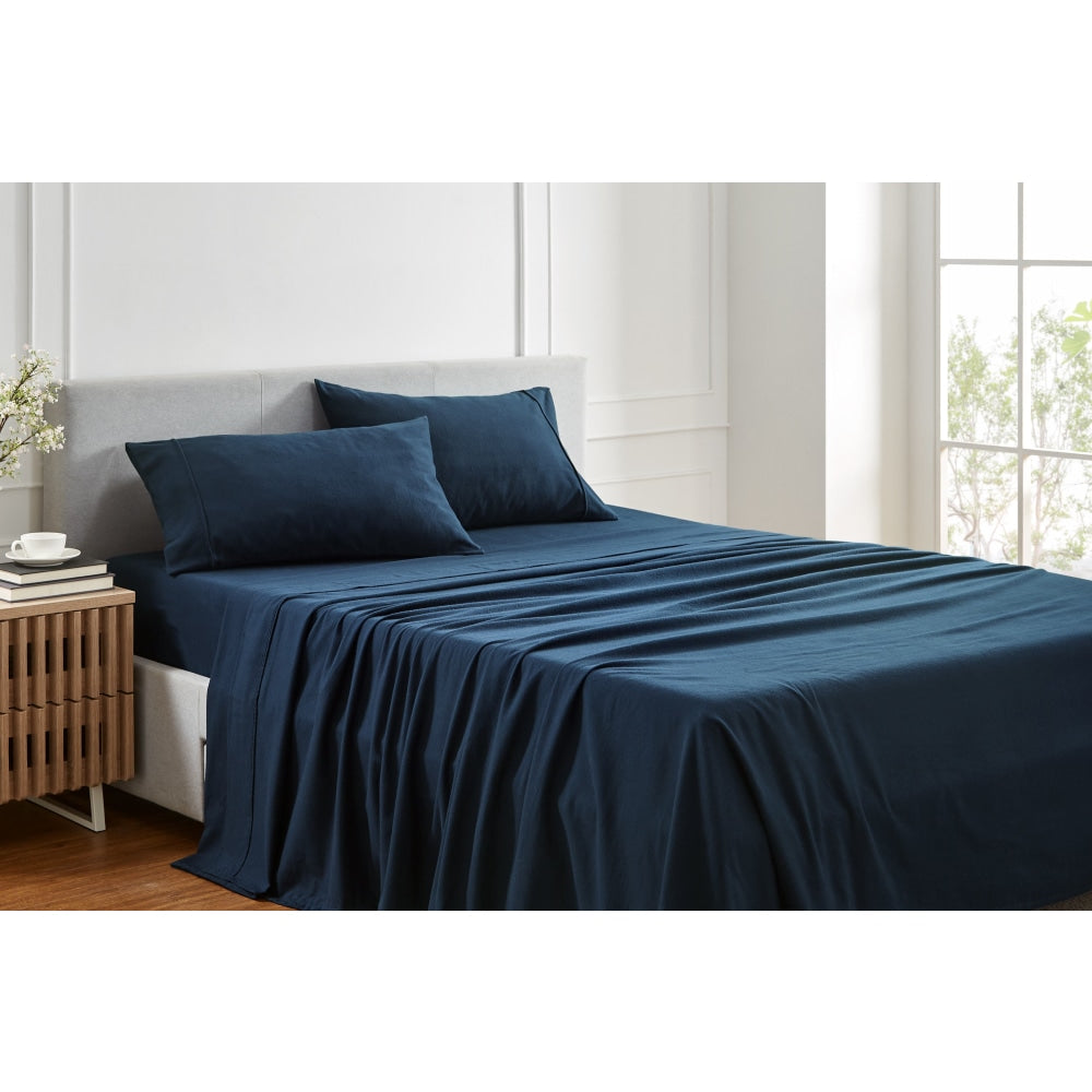 150GSM Cotton Flannelette Bed Sheet Set - Midnight Double Fast shipping On sale