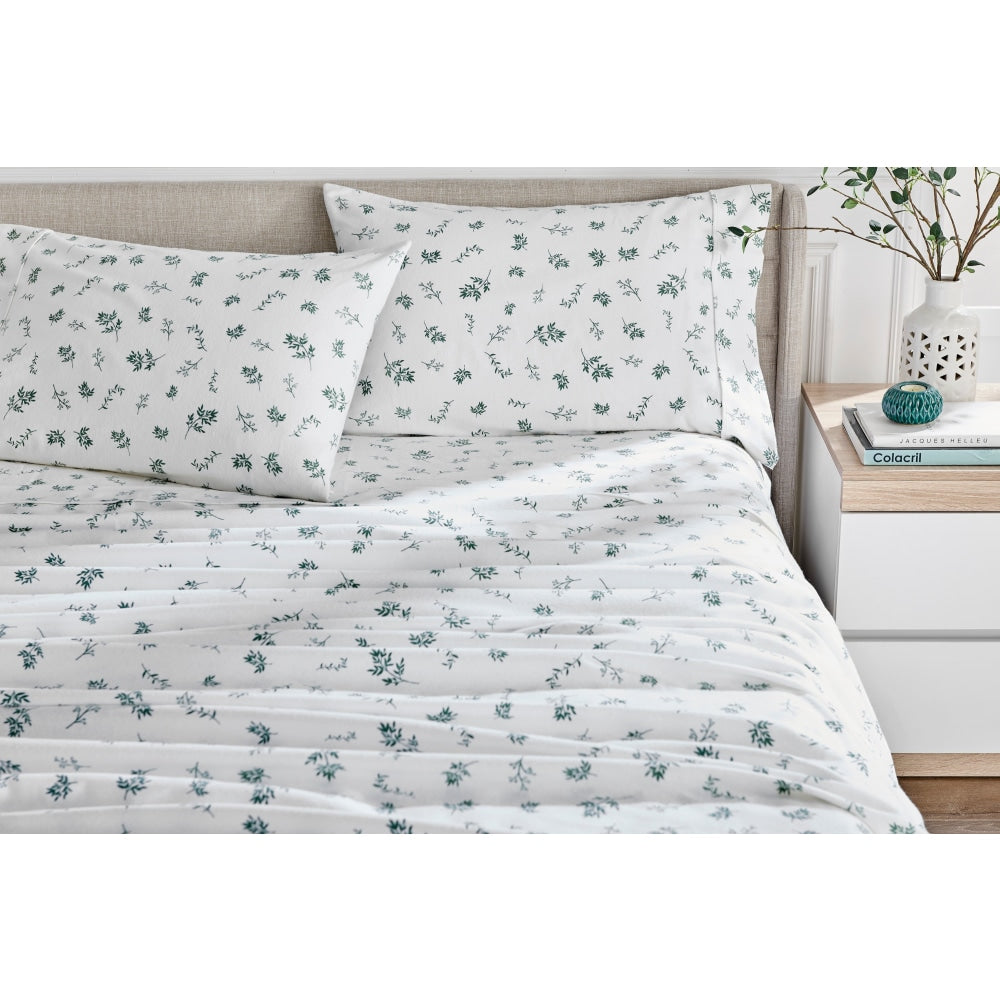 150GSM Leaves Print Flannelette Bed Sheet Set - Green King Fast shipping On sale