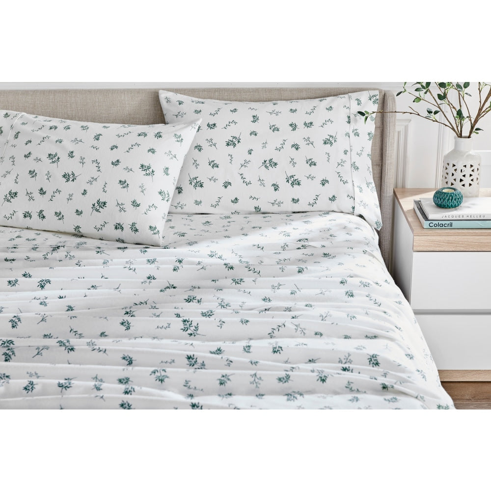 150GSM Leaves Print Flannelette Bed Sheet Set - Green Single Fast shipping On sale